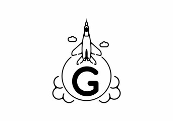 Black line art of G initial letter with flying jet