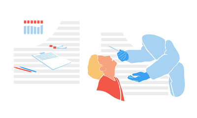 PCR test concept. Health Professional introducing nasal swab to child patient. Rapid Antigen Test to analyze nasal sampling for Covid-19, Coronavirus Pandemic. Laboratory equipment set