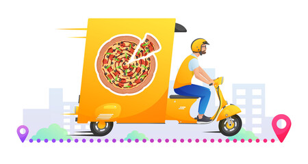 Yellow retro fast delivery car, truck with sticker pizza and courier, city on white background. Vector illustration for design, flyer, poster, banner, web, advertising.