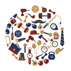 Set of elements for the holiday of the father day, placed in a circle. Flat style. White background, isolate. Vector illustration.