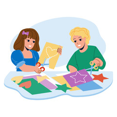 Kids Paper Craft Together In Kindergarten Vector. Little Boy And Girl Kids Paper Craft In Classroom Handmade Lesson. Characters Children Friends Creative Occupation Flat Cartoon Illustration