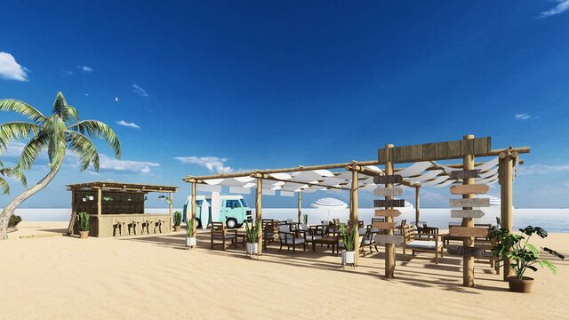 3d render from imagine summer beach bar in the sand with the sea beach bed bar summer party