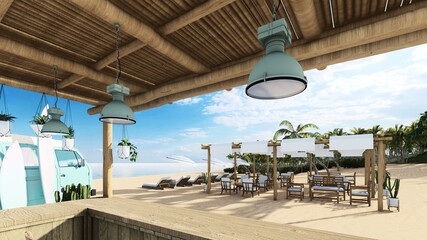 3d render from imagine summer beach bar in the sand with the sea beach bed bar view
