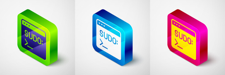 Isometric Code terminal icon isolated on grey background. Browser window with command line. Command panel. Programming coding. Notepad. Square button. Vector