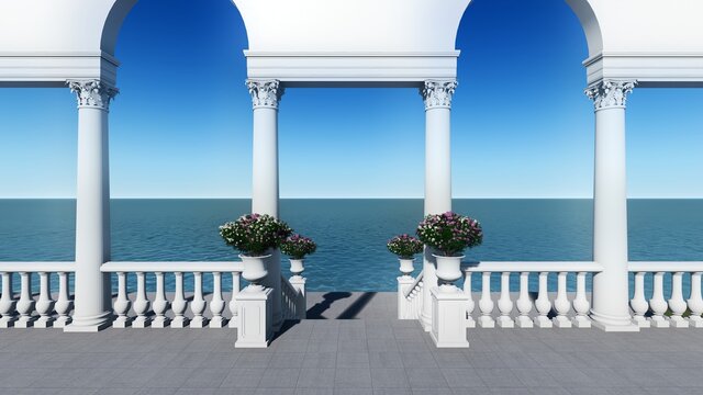 3d render from imagine roman background sea view luxury ancient Italy sea view with flower