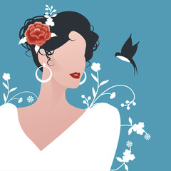 Obraz premium Elegant Spanish woman wearing earrings, flowers in her hair and little swallow on flowery blue background
