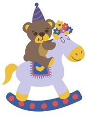 Cute vector flat bear on horseback, boho childrens clipart. Cartoon kids clipart for kids bedroom decor, birthday party or clothing textiles.