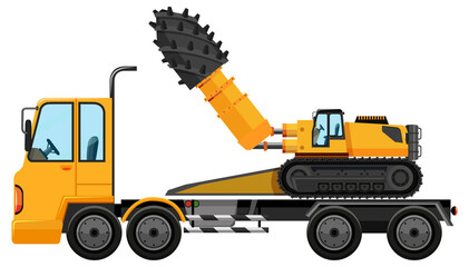 Tow truck carrying construction car isolated on white background