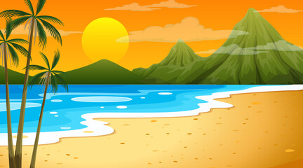 Fototapeta na wymiar Beach at sunset time landscape scene with mountain background