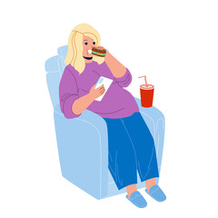 Overweight Girl Eat Fast Food In Armchair Vector. Young Overweight Girl Sitting In Chair Eating Sandwich, Drinking Soda Drink And Holding Smartphone. Character Fat Problem Flat Cartoon Illustration