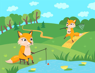 Cute fox characters fishing and catching butterflies in forest. Orange mammal with rod sitting on chair near pond, wild animal with net cartoon illustration. Wildlife, nature, outdoor activity concept