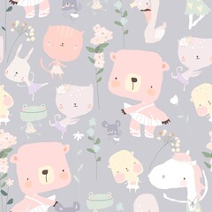 Seamless pattern with funny little animals ballerinas
