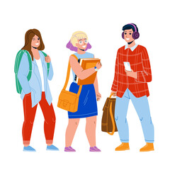 Student Teenagers Studying In University Vector. Young Boy Holding Smartphone And Listening Music In Headphones And Girls Student With Education Book And Backpack. Characters Flat Cartoon Illustration
