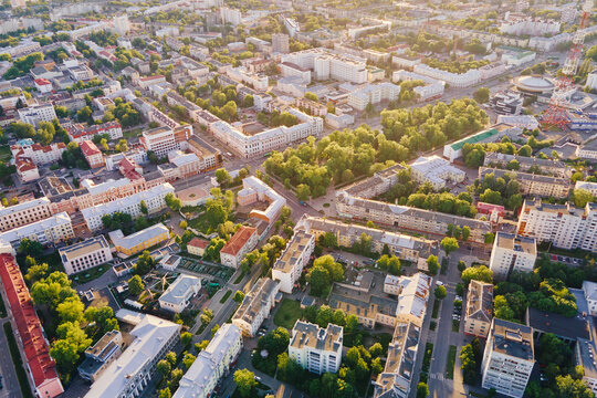 Cityscape of Gomel, Belarus. Aerial view of town architecture. City streets at sunset, bird eye view