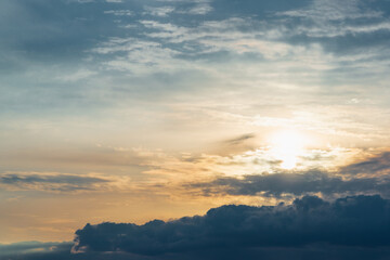 Dramatic sunset sky with clouds.Sunset or sunrise with clouds, light rays and atmospheric effect