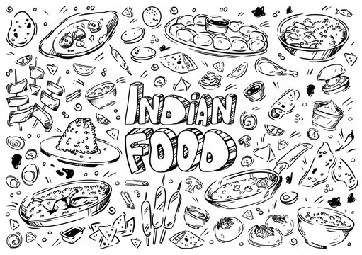 Hand drawn vector illustration. Doodle Indian food: chicken, masala, naan, kebab, pilaf, flatbread, citrus, curry, spices, potatoes, meat, rice, vegetables, sauces