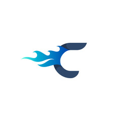 Simple letter C logo with flame design vector, blue color