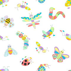 Seamless square pattern with drawn colorful cute insects. White background. Summer funny background. Vector illustration