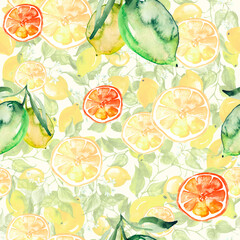 Vintage seamless watercolor pattern - hand drawing threads of lemon, lime  with leaves. Trendy pattern. Painting
Citrus fruits.orange slice, lemon. Branch with citrus fruit. Citrus art background