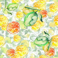 Vintage seamless watercolor pattern - hand drawing threads of lemon, lime  with leaves. Trendy pattern. Painting
Citrus fruits.orange slice, lemon. Branch with citrus fruit. Citrus art background
