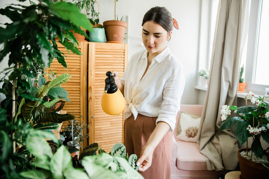 woman spraying plants at home