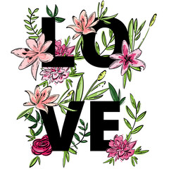 Vector abstract set with roses, lilies, leaves.
