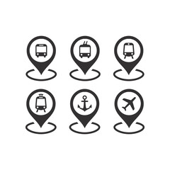 Public transport location pin vector icon set. Bus, subway and train station, airport marker symbols.