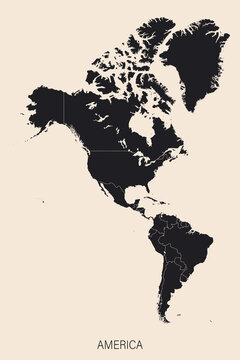 The political detailed map of the continent of America with borders of countries