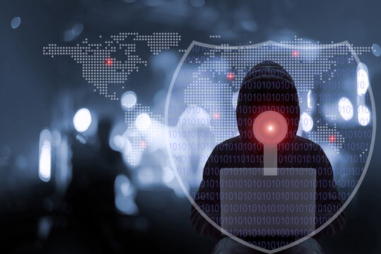 Hacking and malware concept. Hacker using abstract laptop with binary code digital interface, security internet concept.