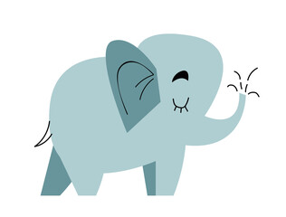 Elephant Funny Childish Cartoon Style Flat Vector Illustration In Bright Colors Isolated On White Background. Cartoon elephant with line and fill