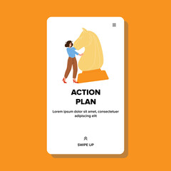 Action Plan Developing In Game Woman Player Vector. Businesswoman Thinking Action Plan With Horse Chess Figure On Chessboard. Character Playing Strategy Web Flat Cartoon Illustration
