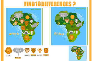 Find the difference on the map of Africa. Child Game. Wild animals.