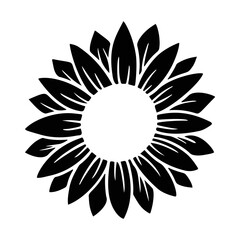 Sunflower simple icon. Flower silhouette vector illustration. Sunflower graphic logo, hand drawn icon for packaging, decor. Petals frame, black silhouette isolated on white background.