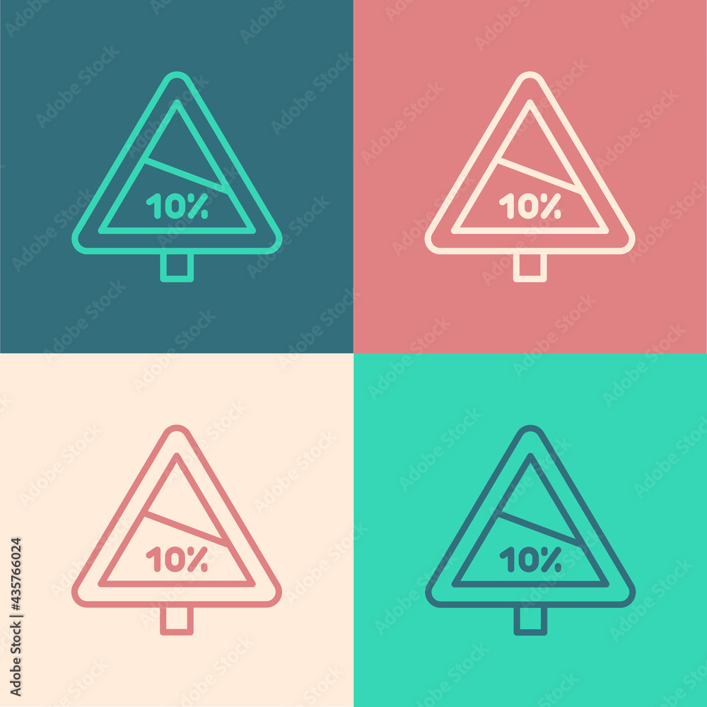 Poster pop art line steep ascent and steep descent warning road icon isolated on color background. traffic 