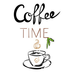 Vector abstract illustration with a cup of coffee and coffee beans.