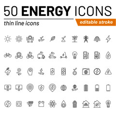 Set of energy and power related vector thin line icons isolated on white. High quality pixel perfect icon collection suitable for mobile and web projects. Editable stroke.