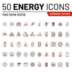 Set of energy and power related vector two tone line icons isolated on white. High quality pixel perfect icon collection suitable for mobile and web projects. Editable stroke.
