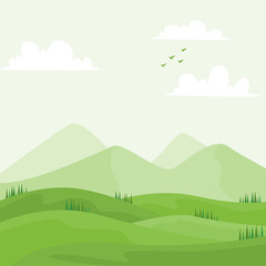 Green landscape nature background vector illustration in flat style. Suitable for web banners, social media, postcard, and many more.