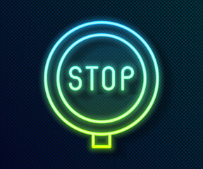 Glowing neon line Stop sign icon isolated on black background. Traffic regulatory warning stop symbol. Vector