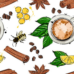 Seamless pattern. Vector abstract illustration of cinnamon, coffee mug, coffee beans, lemon, honey and a bee. Hand drawing