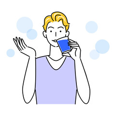 熱中症対策 水分補給のためにグラスコップで水を飲んでいる可愛い男性 イラスト シンプル ベクター