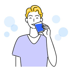 熱中症対策 水分補給のためにグラスコップで水を飲んでいる可愛い男性 イラスト シンプル ベクター Heat stroke prevention. Cute guy drinking water from a glass cup to stay hydrated. Simple illustration. vector.
