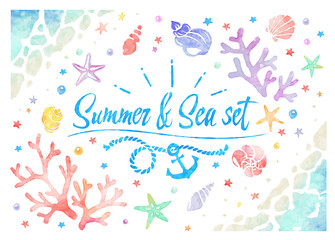 水彩風の夏の海、ベクターイラストセット