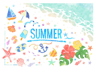 水彩風の夏の海ベクターイラストセット