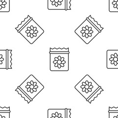 Grey line Pack full of seeds of a specific plant icon isolated seamless pattern on white background. Vector