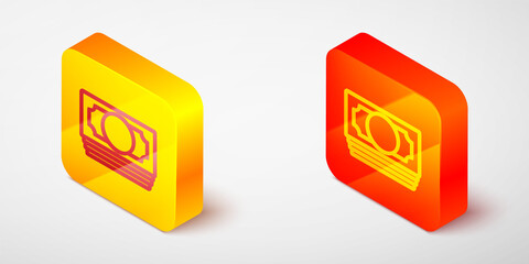 Isometric line Stacks paper money cash icon isolated on grey background. Money banknotes stacks. Bill currency. Yellow and orange square button. Vector