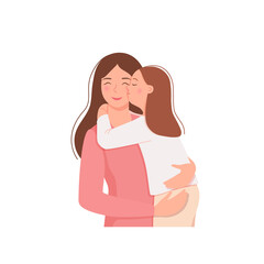 A woman and a daughter embrace and are happy together. The girl kisses her mother. Mothers Day greeting card template, banner, poster, background, flat vector