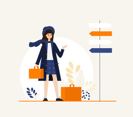 Young girl travel with baggage flat vector illustration