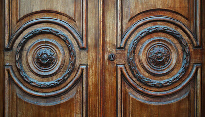 Fototapeta premium a traditional wooden polished door with carved circular patterns and shapes in Las Palmas in the Canary Islands