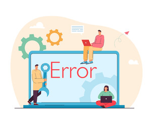 Tiny people repairing computer. Team of programmers looking for bug. The technician hold screwdriver for repairing the computer. Concept of computer hardware, upgrade and technology.